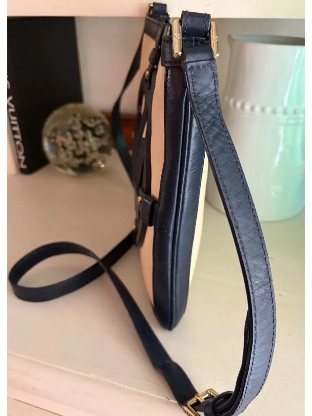 Tory Burch Holly Navy Leather and Canvas Crossbody Shoulder Bag